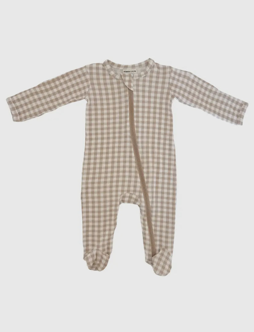 2-Way Zip Onesie | Tan Gingham
