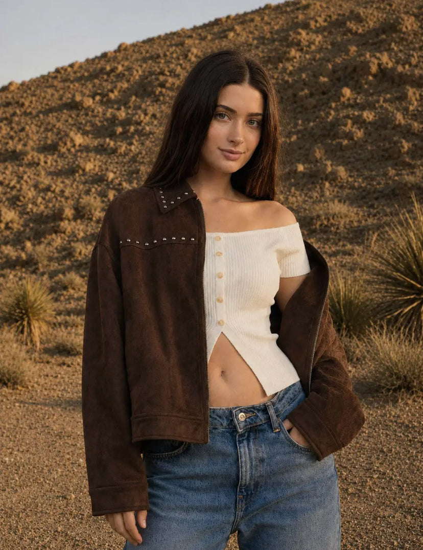 Shania Studded Faux Suede Jacket | Dark Brown