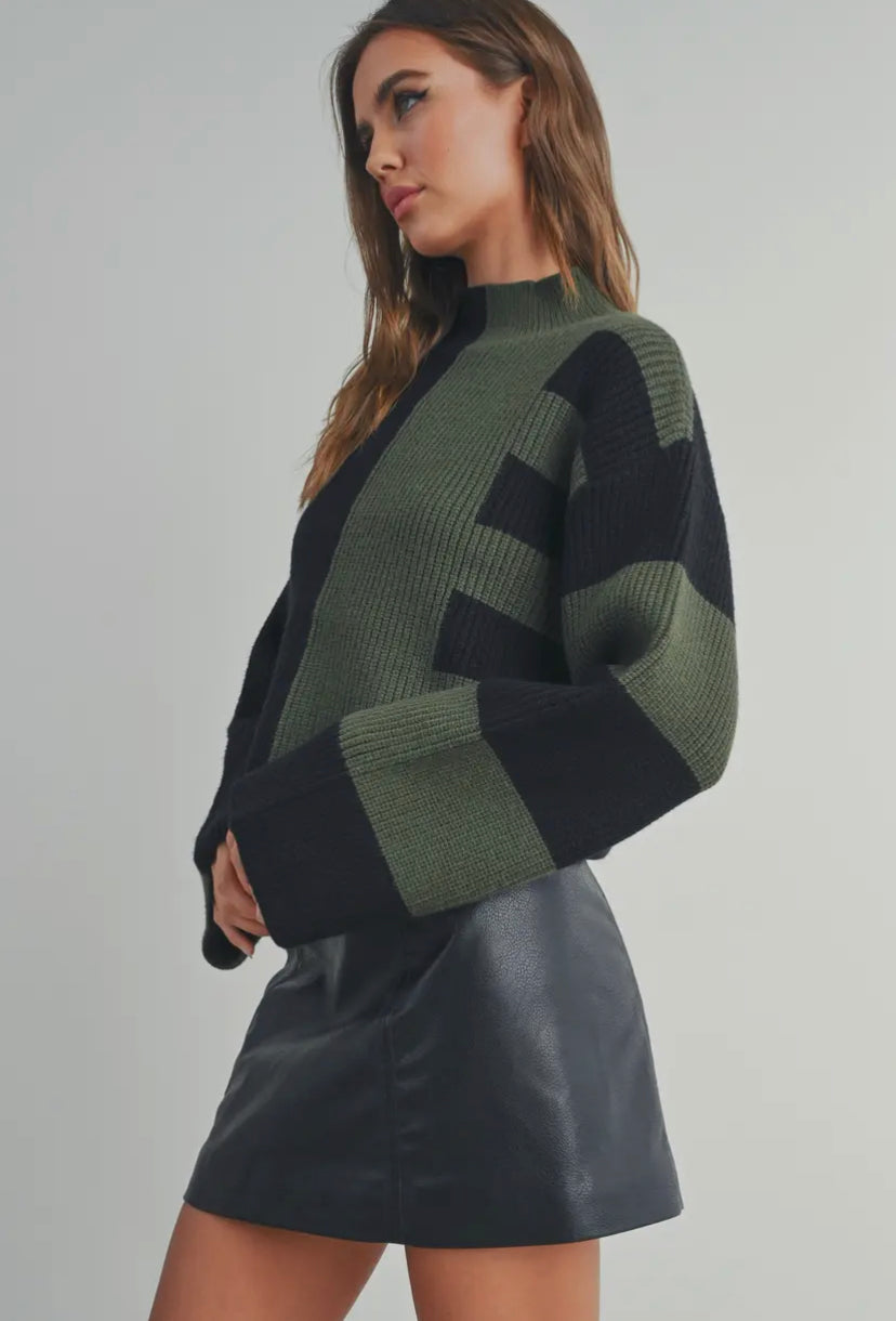 Story Colour Block Mock Neck Sweater | Black/Olive