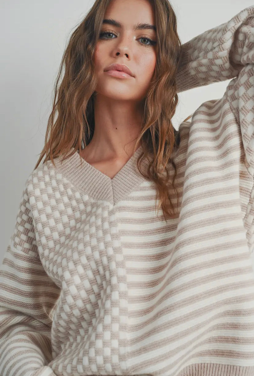 Frenchy Checker Knit Sweater | Ivory/Taupe