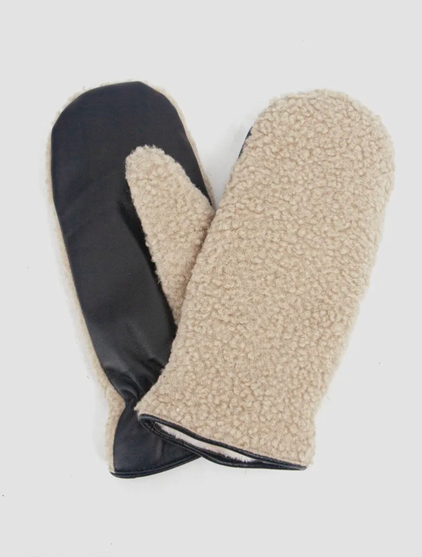 Duo Sherpa/Leather Mitts | Cream/Black