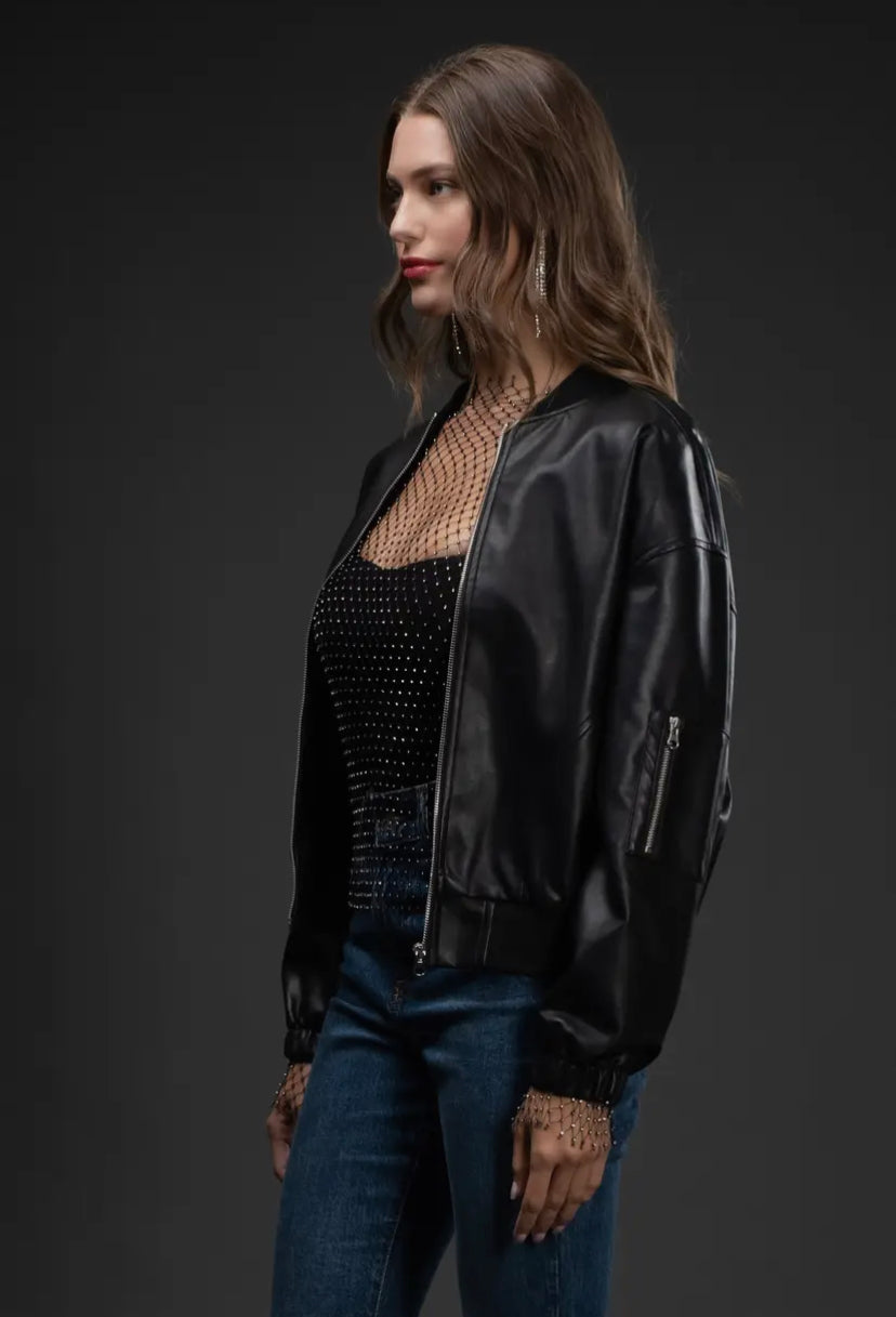 Sai Faux Leather Bomber Jacket