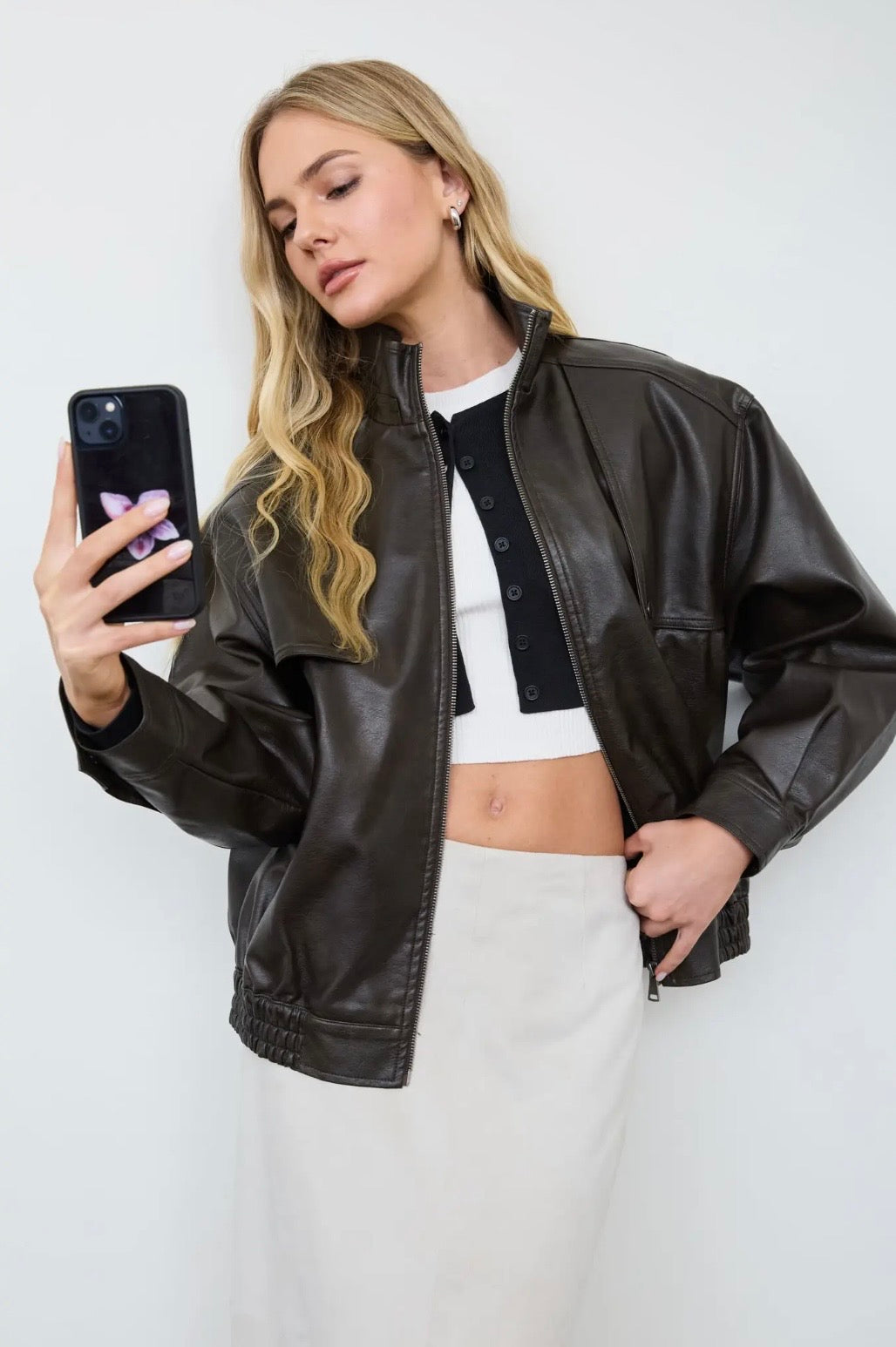 Rhodes Faux Leather Bomber | Espresso