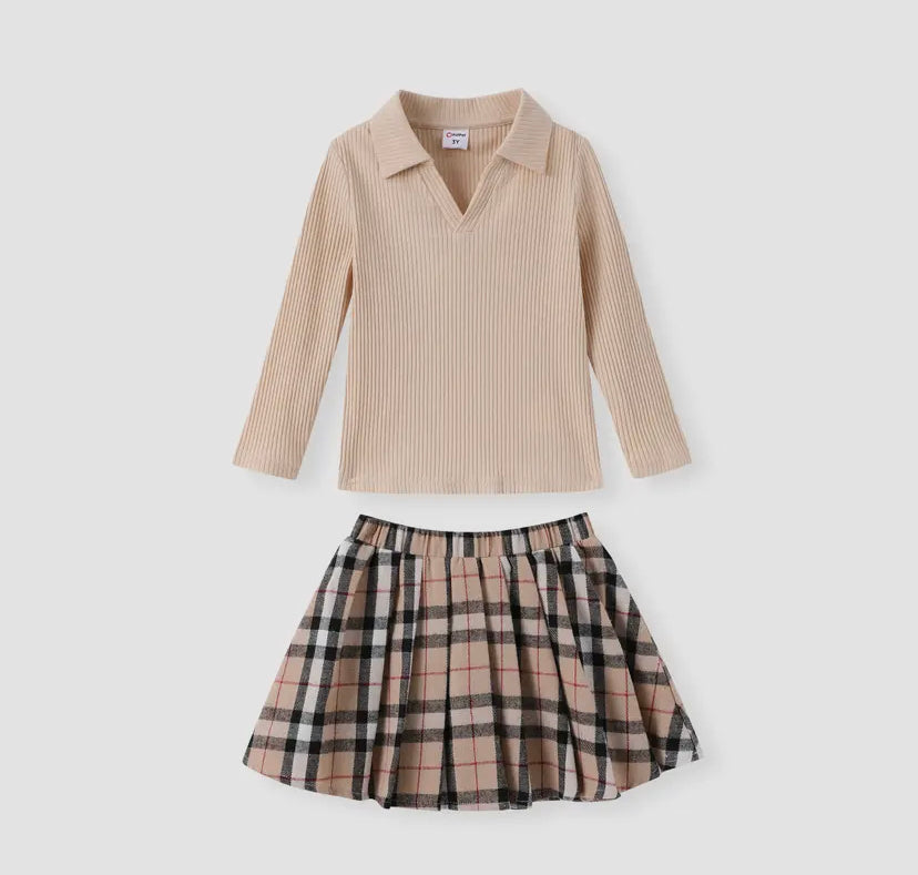 Long Sleeve Collar Top & Grid Skirt Set