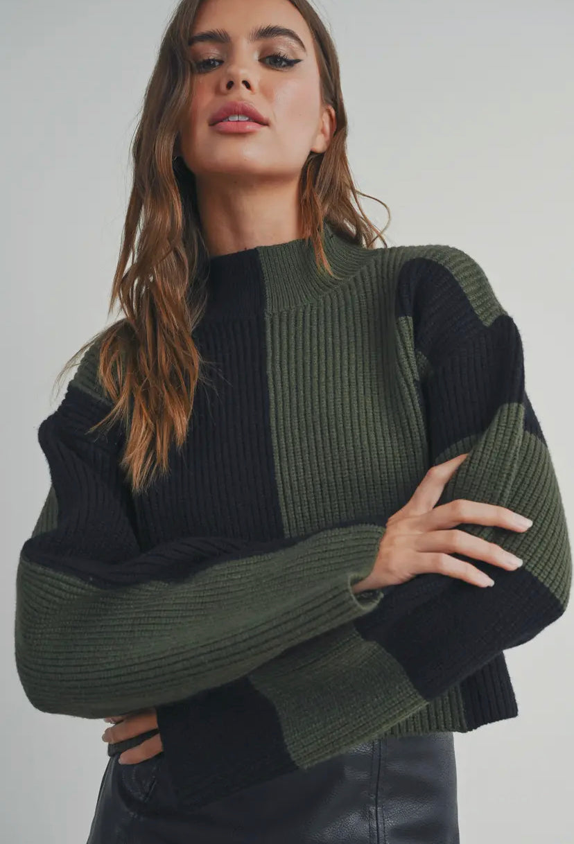 Story Colour Block Mock Neck Sweater | Black/Olive