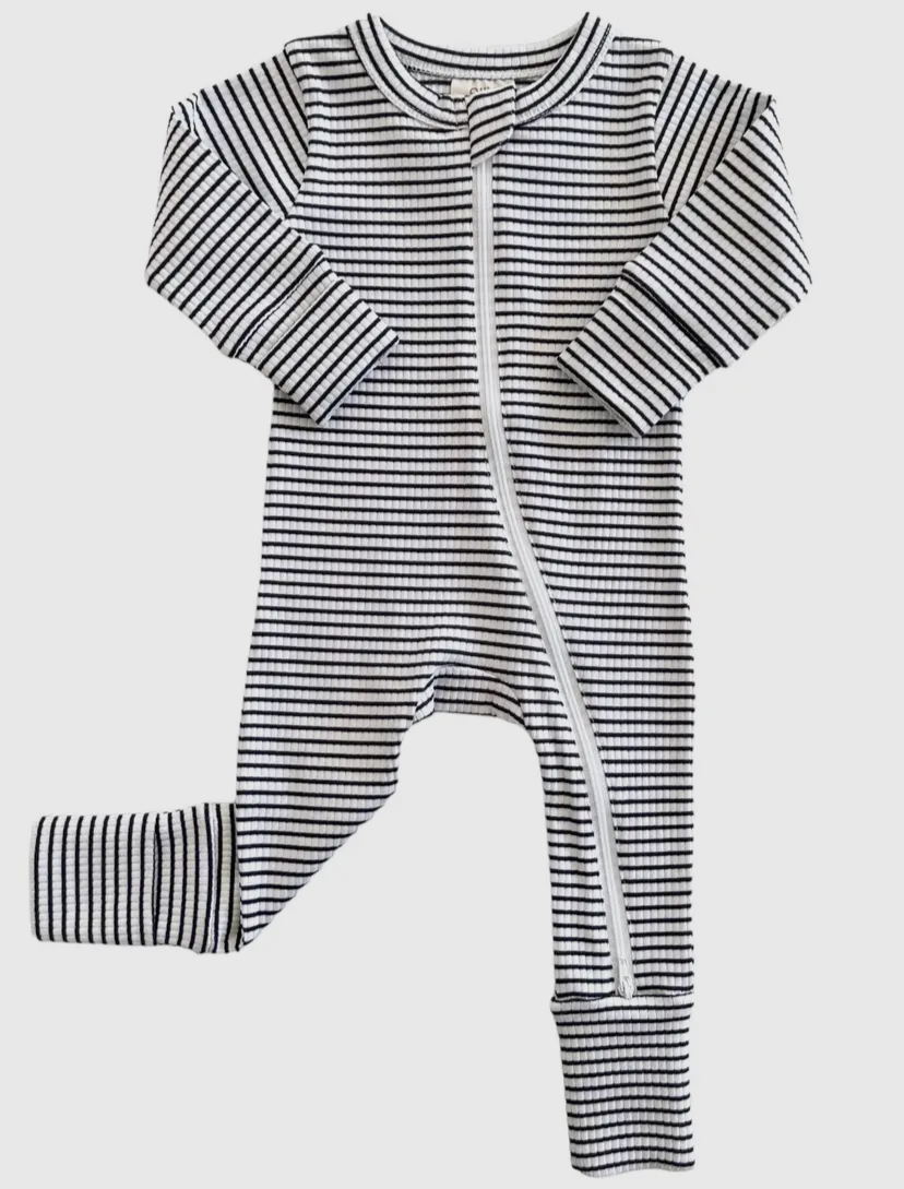 Black Striped Organic Ribbed 2-Way Zip Romper