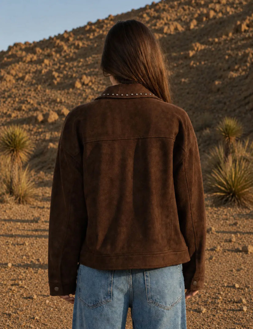 Shania Studded Faux Suede Jacket | Dark Brown