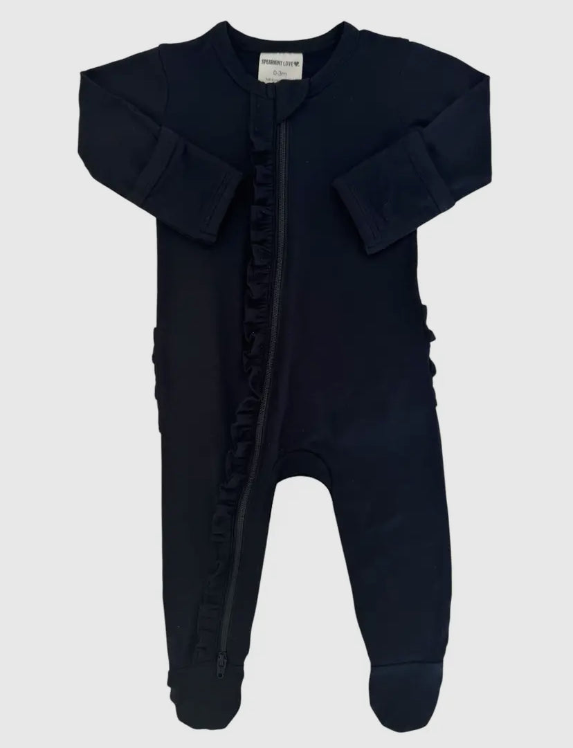 2-Way Ruffle Zip Onesie | Black