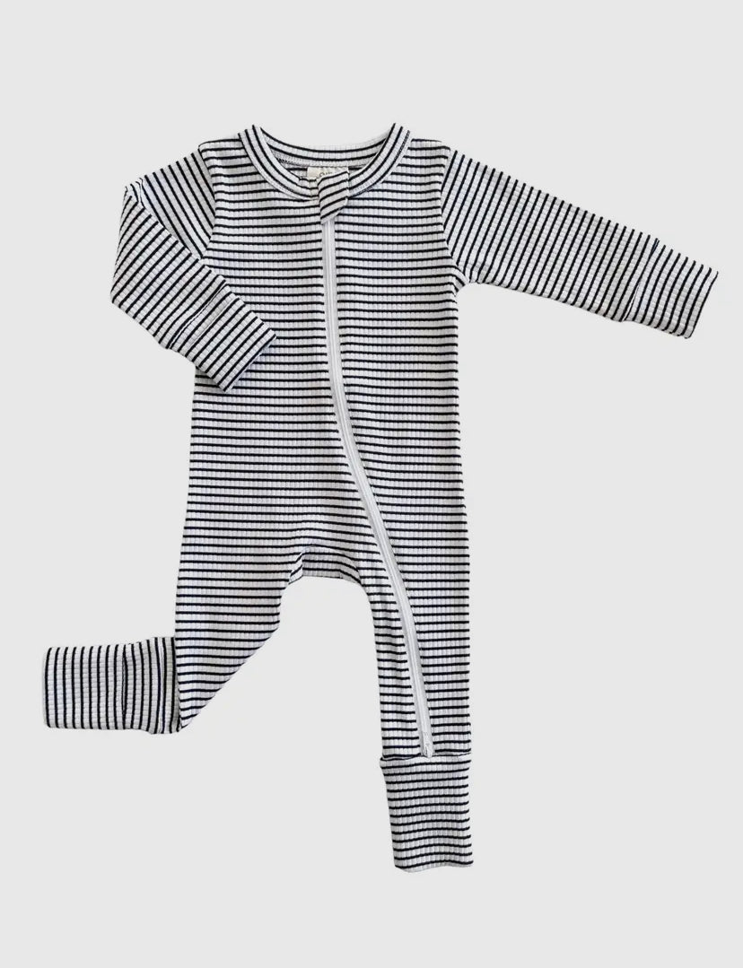 Black Striped Organic Ribbed 2-Way Zip Romper