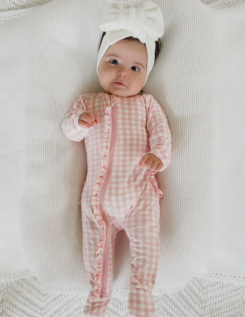 2-Way Zip Ruffle Onesie | Pink Gingham
