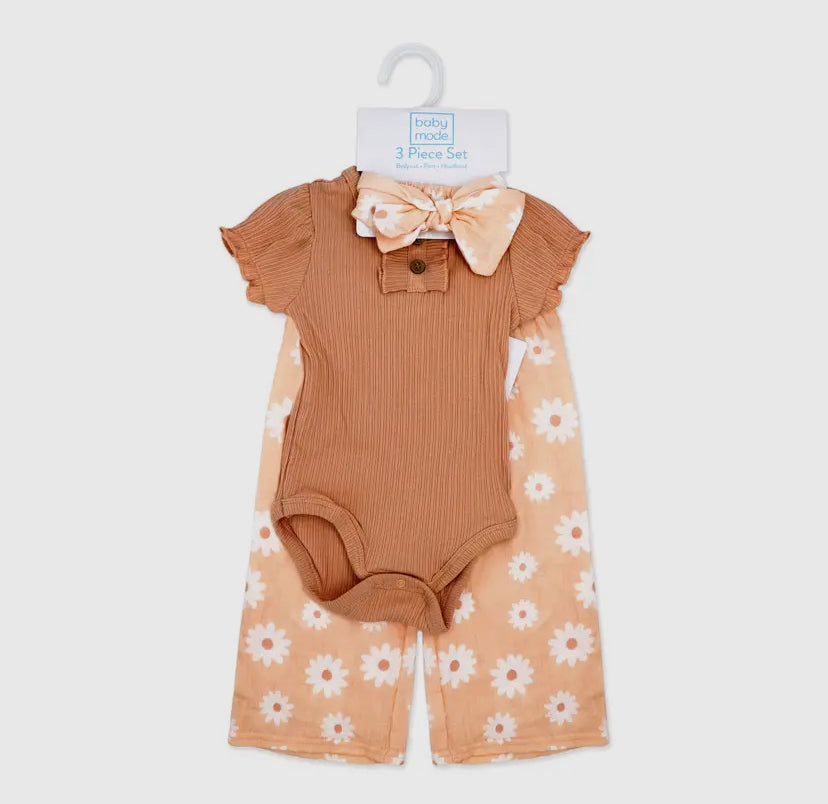 Girls 3 Piece Pant Set | Coral Sunflower