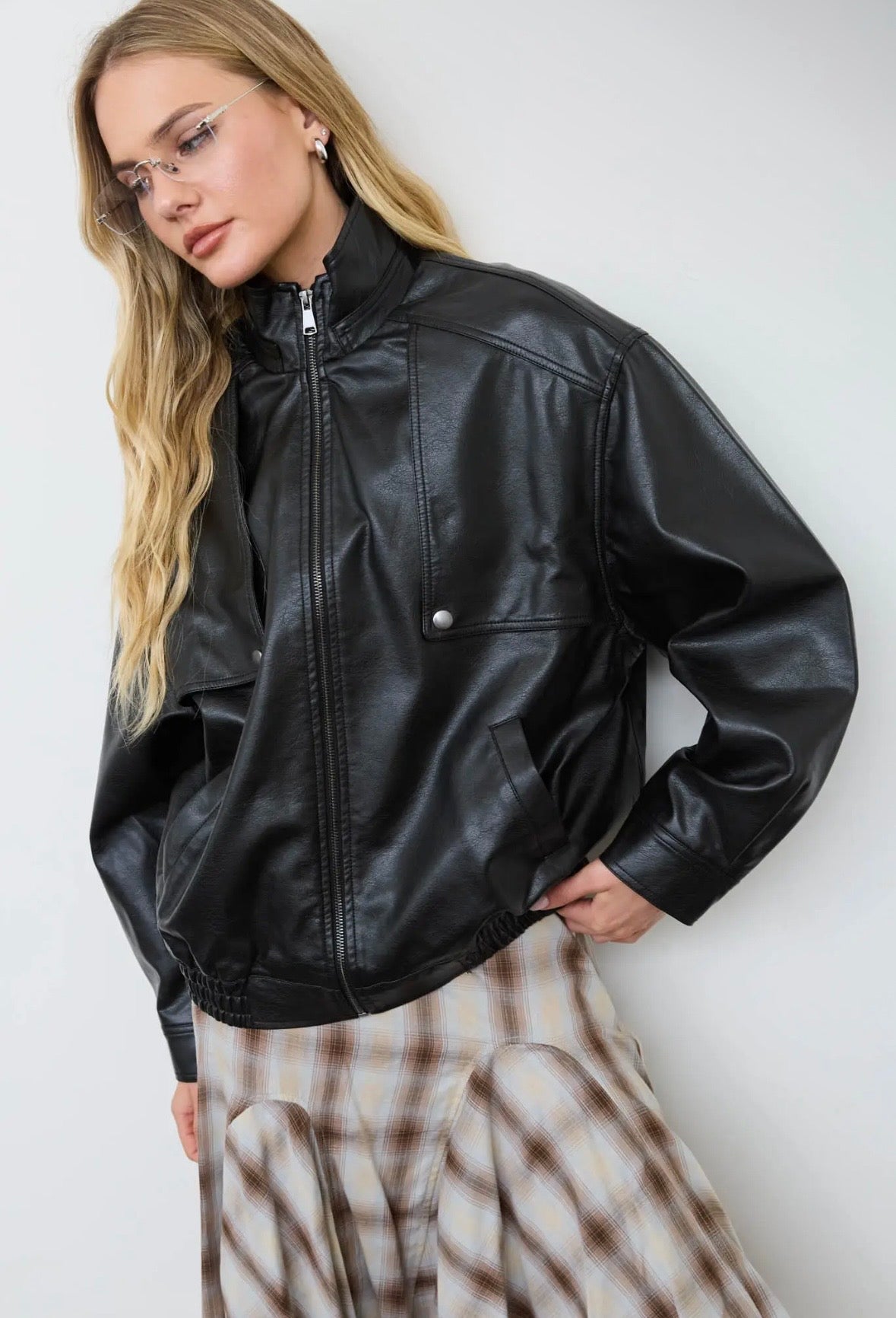 Rhodes Faux Leather Bomber | Midnight