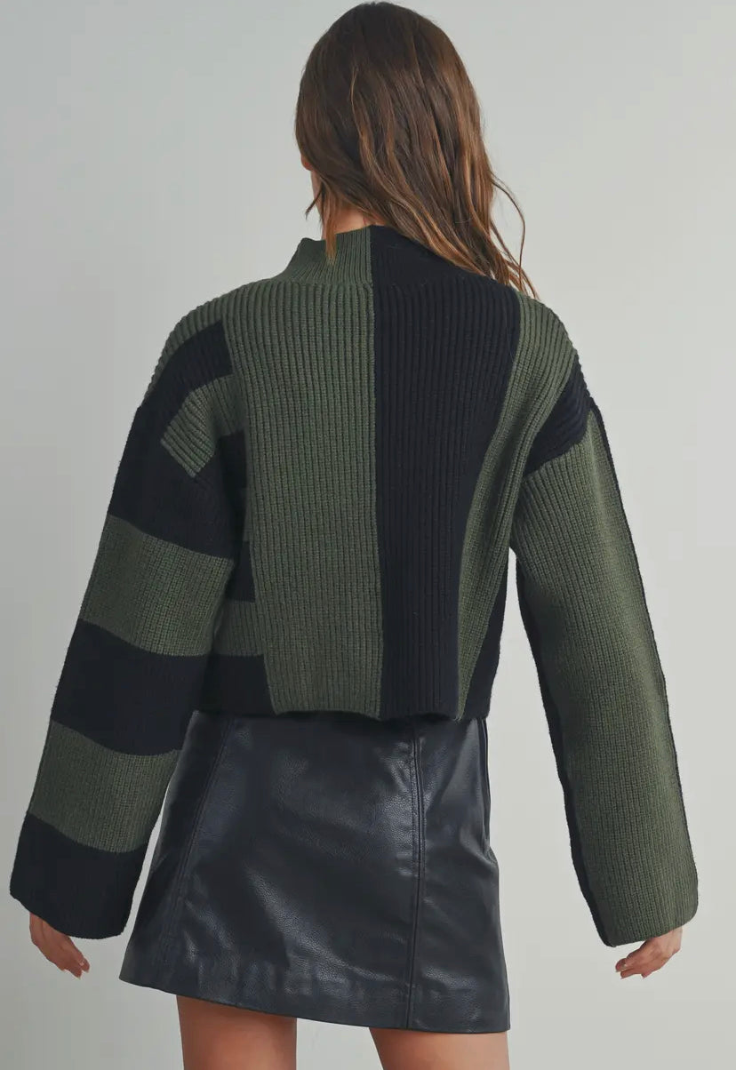 Story Colour Block Mock Neck Sweater | Black/Olive