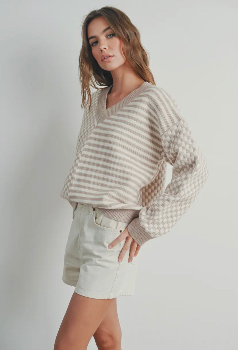 Frenchy Checker Knit Sweater | Ivory/Taupe