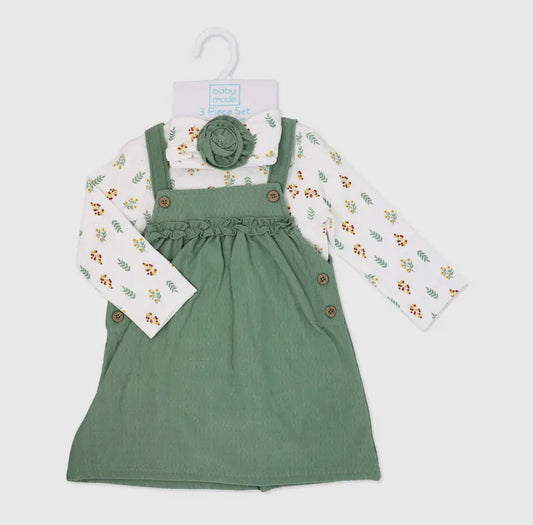 Girls 3 Piece Overall Dress Set | Blue Floral