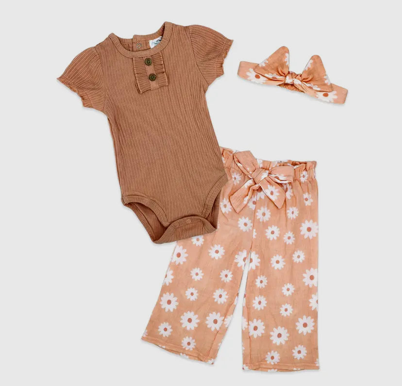 Girls 3 Piece Pant Set | Coral Sunflower