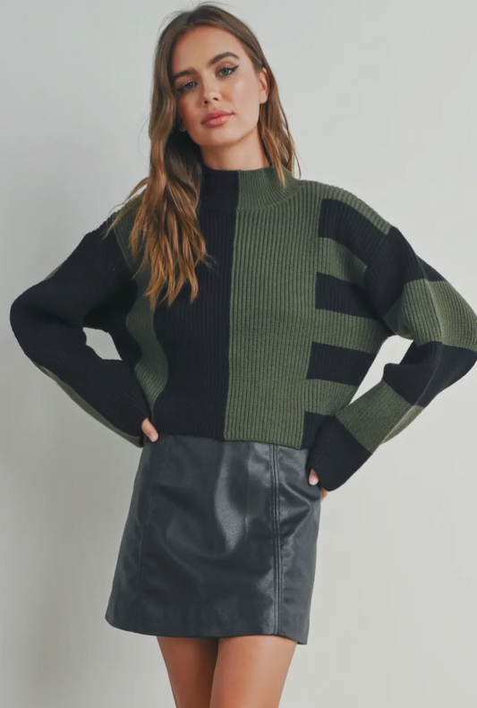 Story Colour Block Mock Neck Sweater | Black/Olive