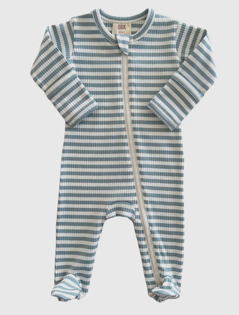 Dusty Blue Stripe Organic Ribbed Zip Onesie