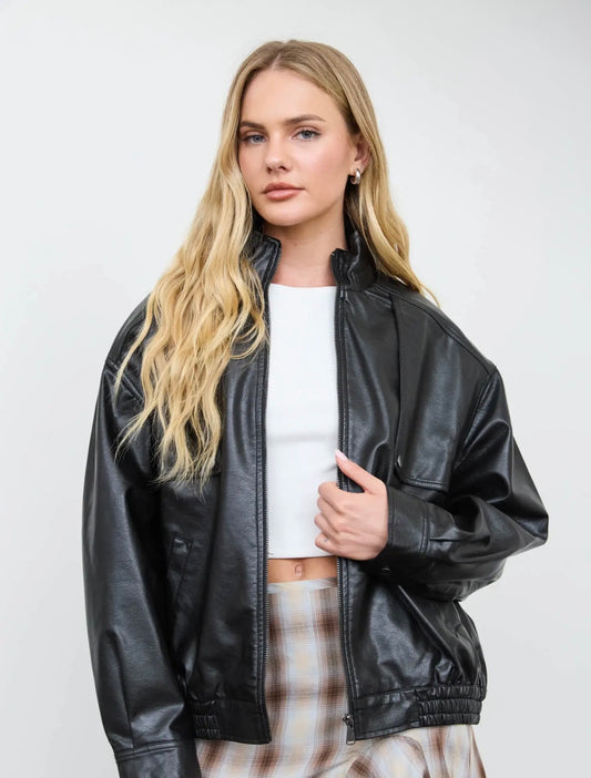 Rhodes Faux Leather Bomber | Midnight