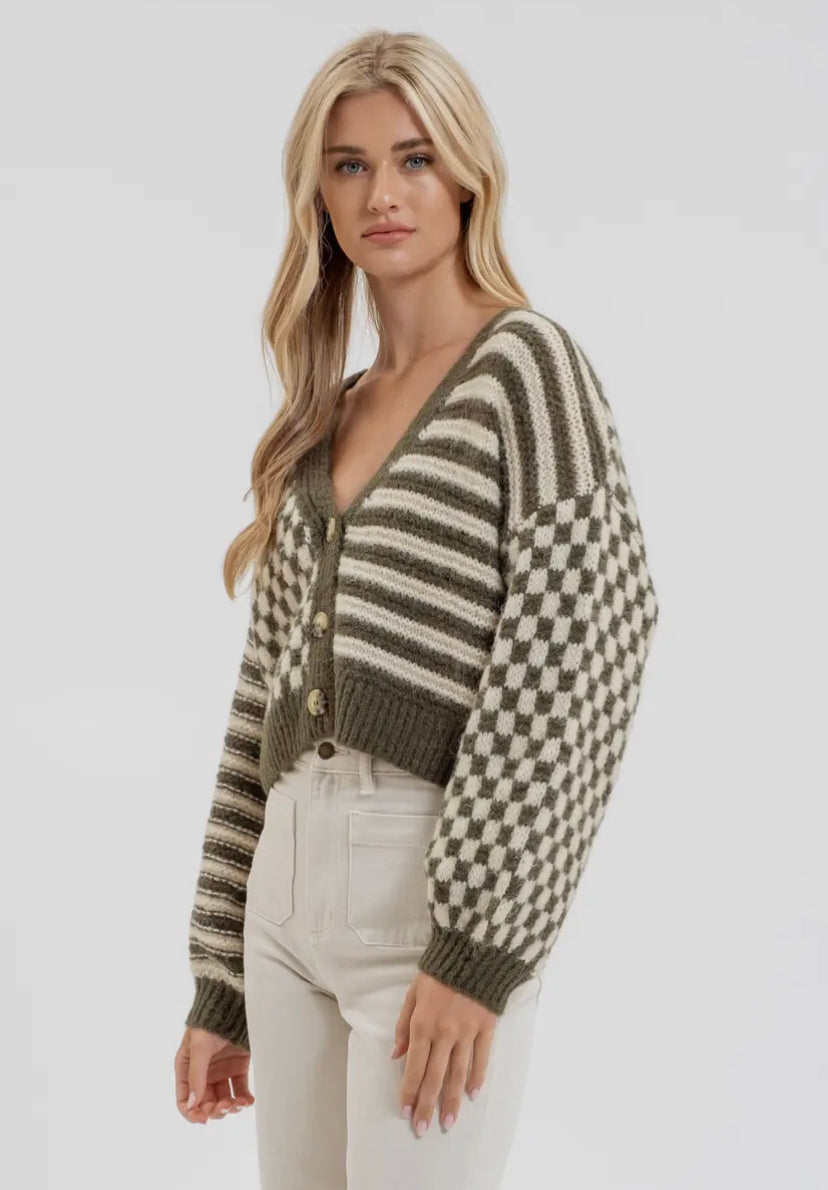 Frenchy Checker Cardigan | Olive Green