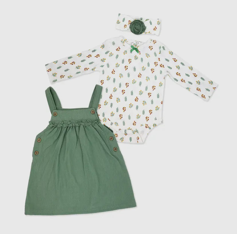 Girls 3 Piece Overall Dress Set | Blue Floral