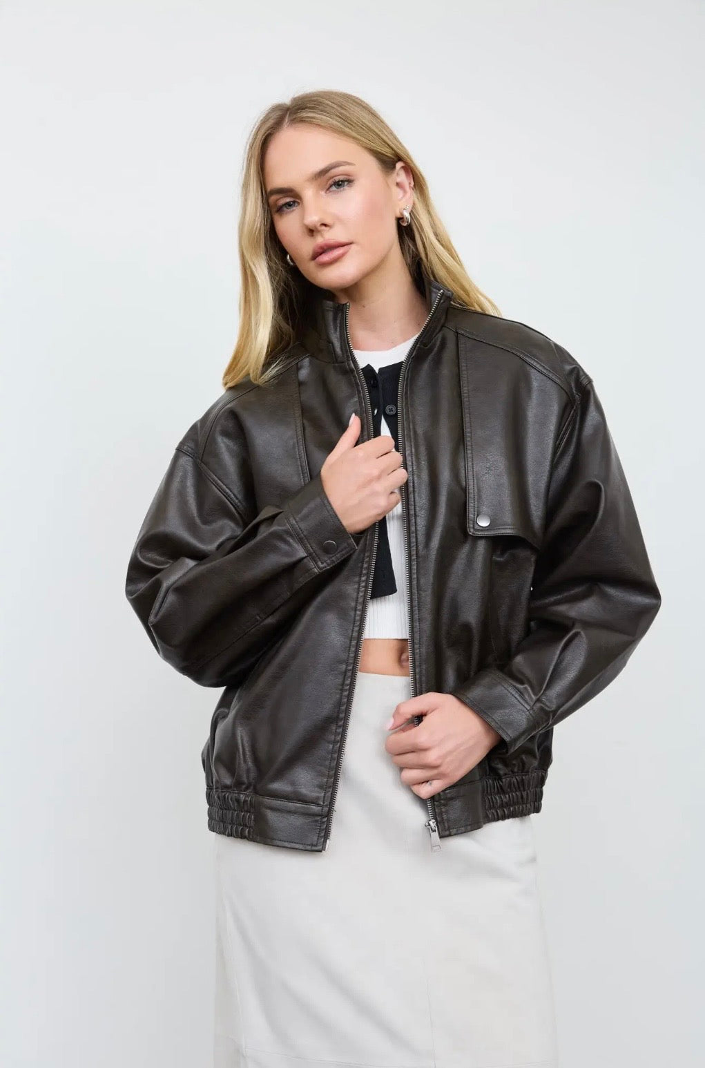 Rhodes Faux Leather Bomber | Espresso
