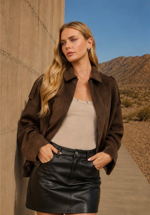 Collins Faux Suede Jacket | Dark Brown