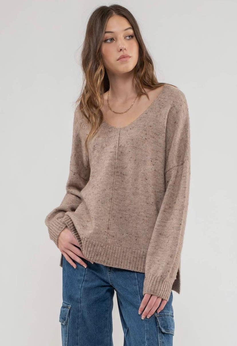 V-Neck  Speckled Knit Sweater