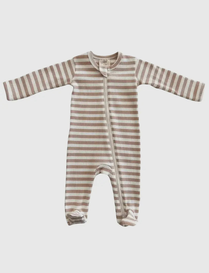 Tan Stripe Organic Ribbed Zip Onesie