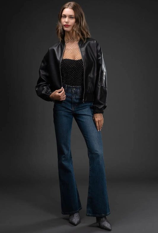 Davie Faux Leather Bomber Jacket