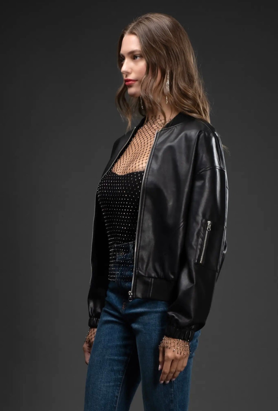 Davie Faux Leather Bomber Jacket | Black