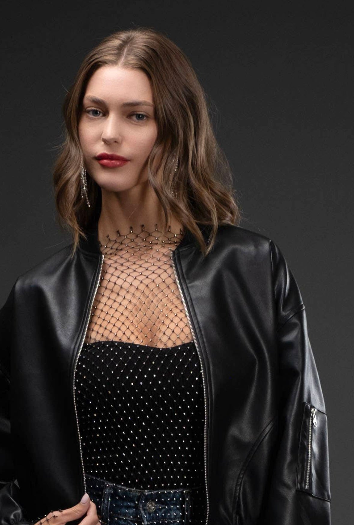 Davie Faux Leather Bomber Jacket | Black