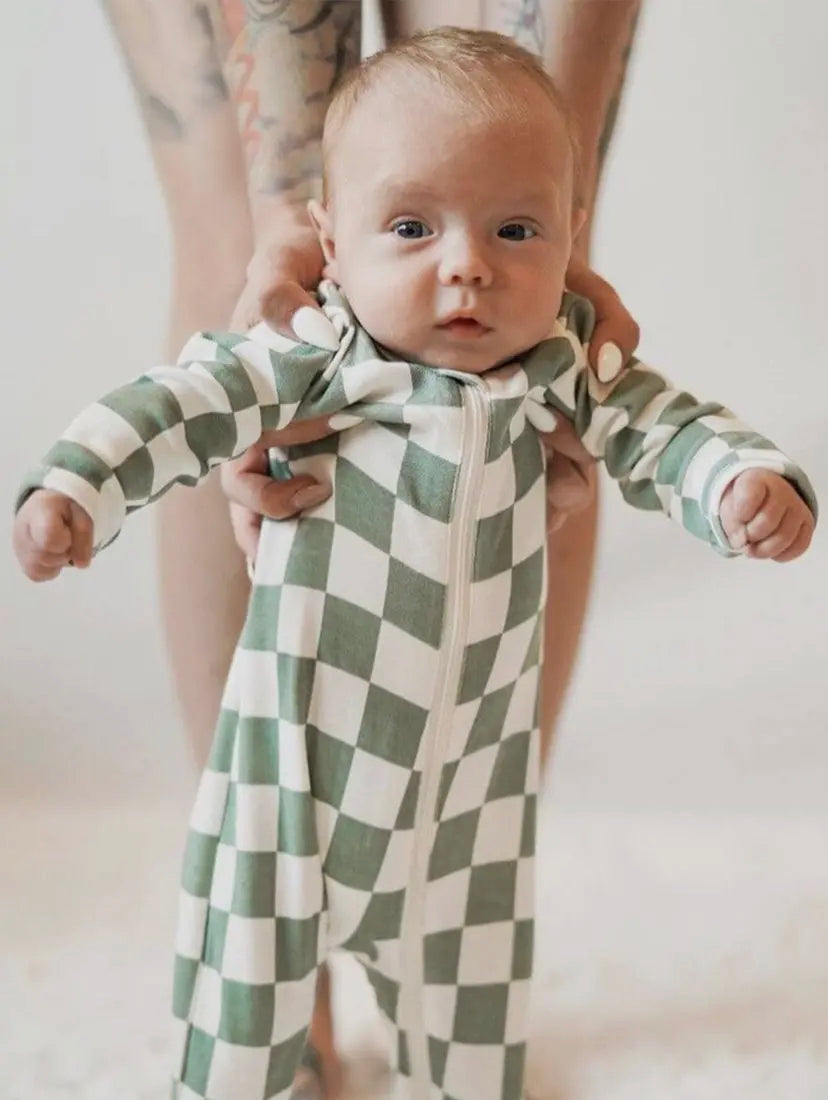 Matcha Milkshake Checkerboard Zip Onesie