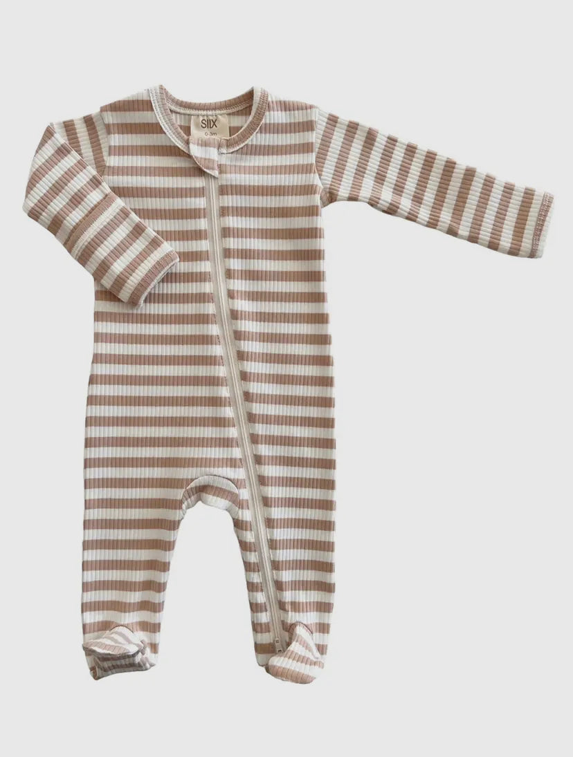 Tan Stripe Organic Ribbed Zip Onesie