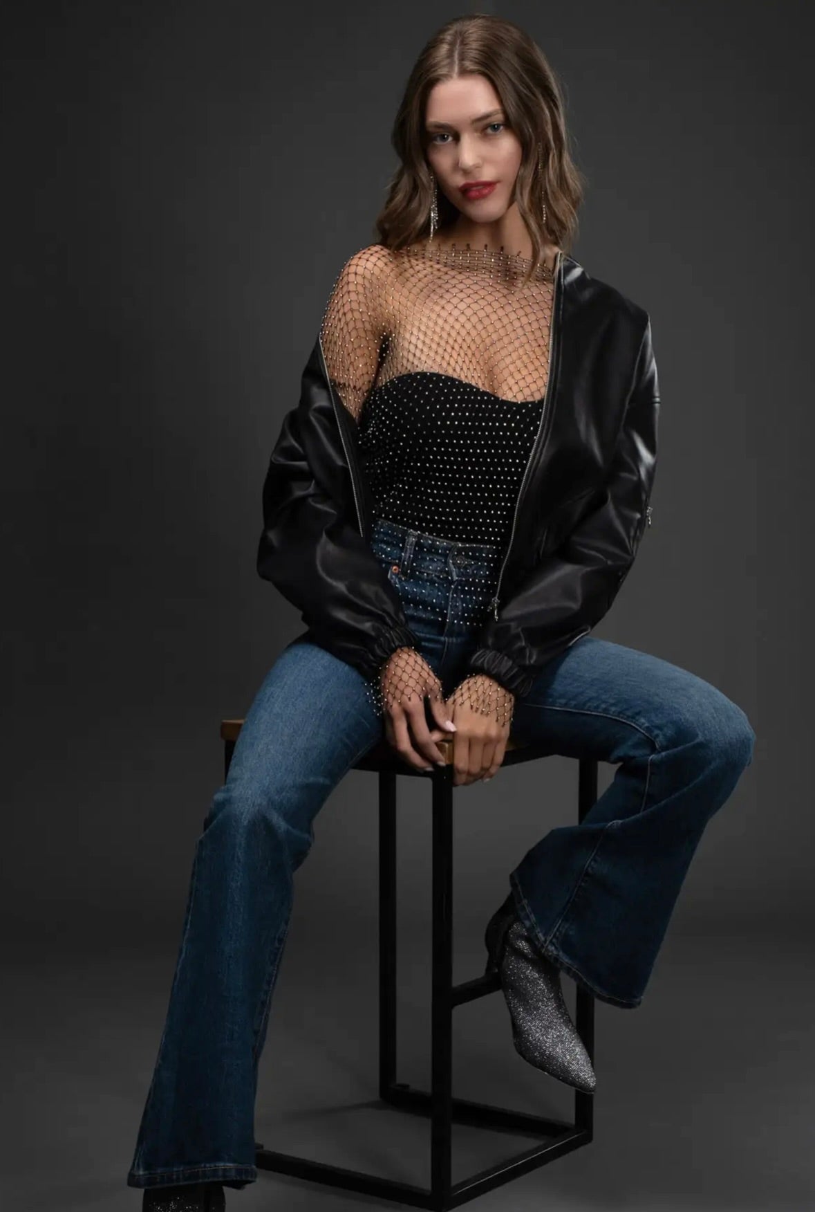 Davie Faux Leather Bomber Jacket | Black