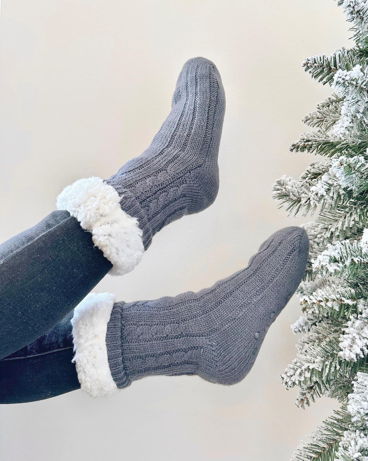 Cozy Sherpa Cable Knit Slipper Socks - 4 Colour Options