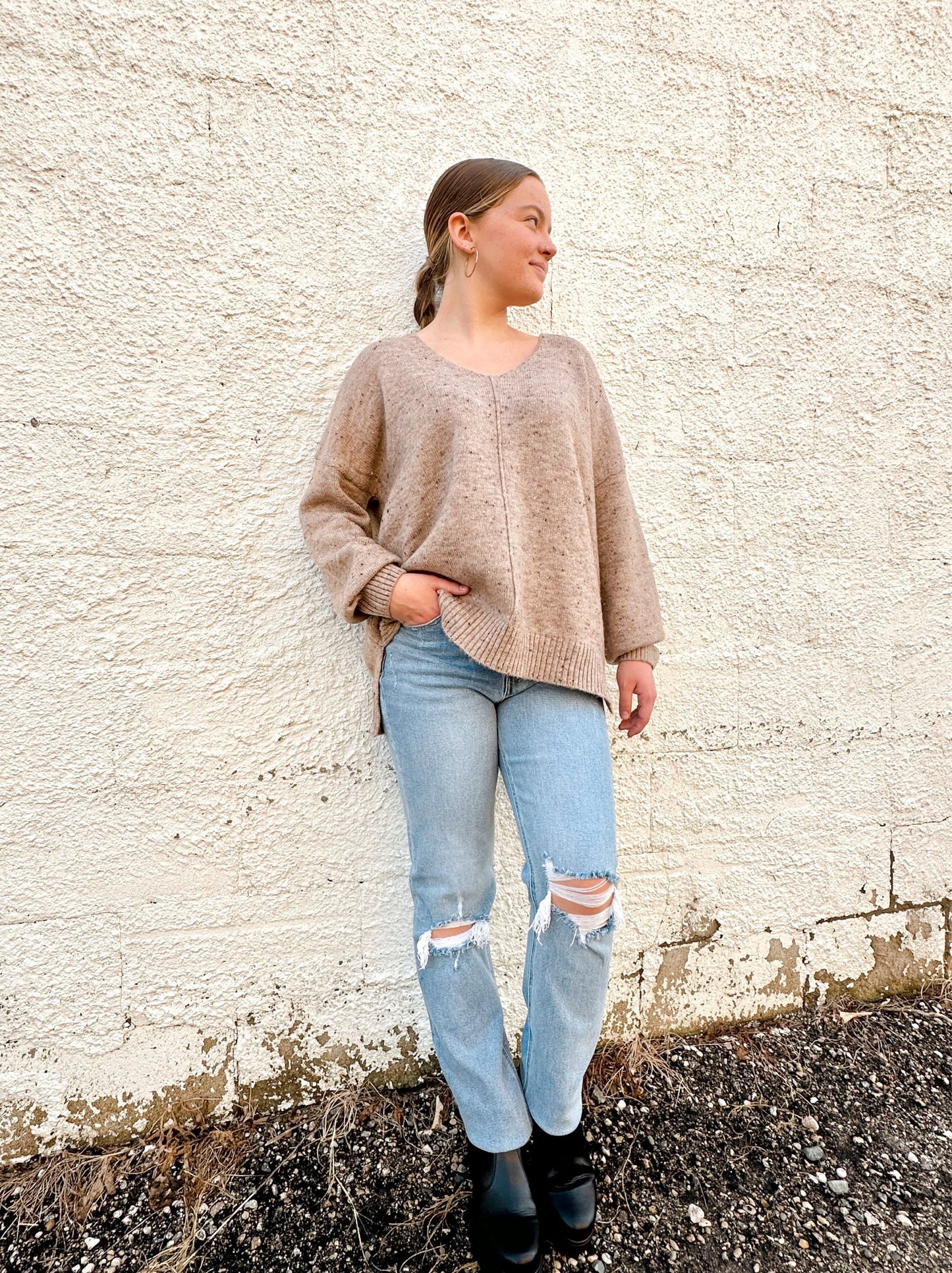 V-Neck  Speckled Knit Sweater