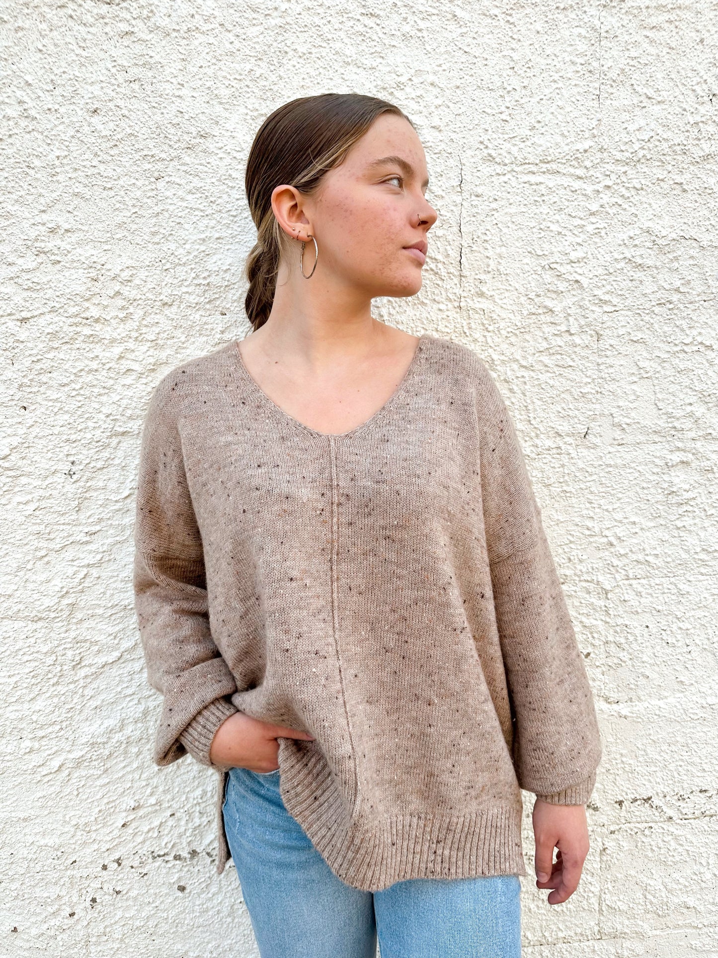 V-Neck  Speckled Knit Sweater