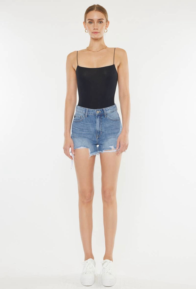 KAN CAN - Harper High Rise Distressed Short Mid Blue