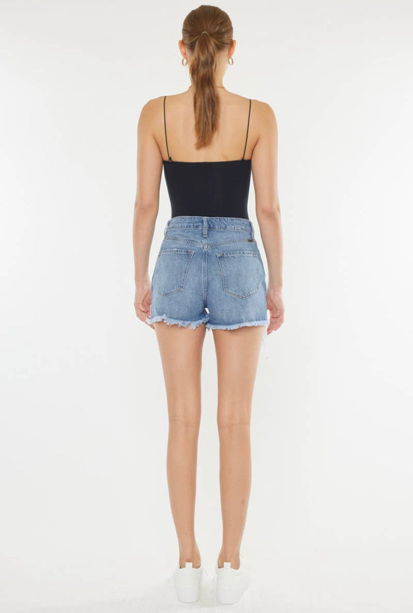 KAN CAN - Harper High Rise Distressed Short Mid Blue